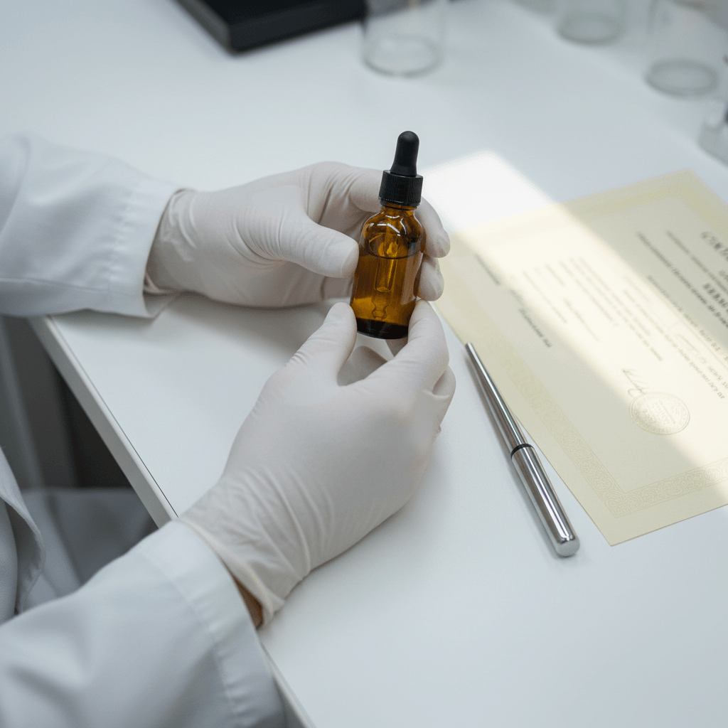 Laborantin vérifiant certificat d'analyse COA d'huile CBD avec pipette de précision sur paillasse de laboratoire